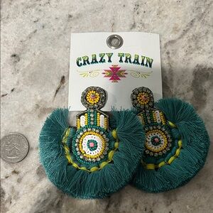 Crazy Train Teal and Yellow Fringe Earrings